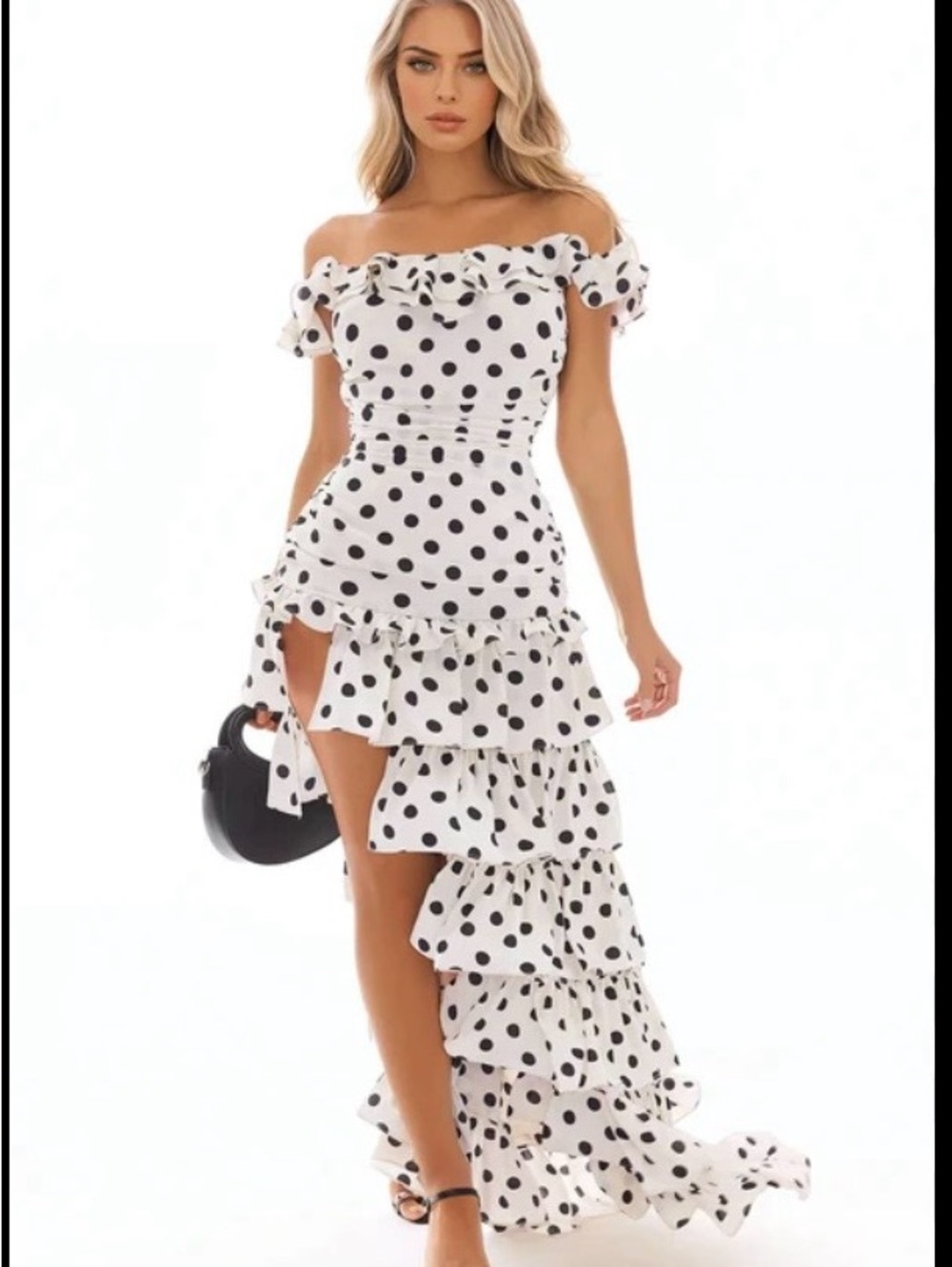 Fashion Nova White & Black Polka Dot One-Shoulder Ruffle Maxi Dress - Picture 5 of 11